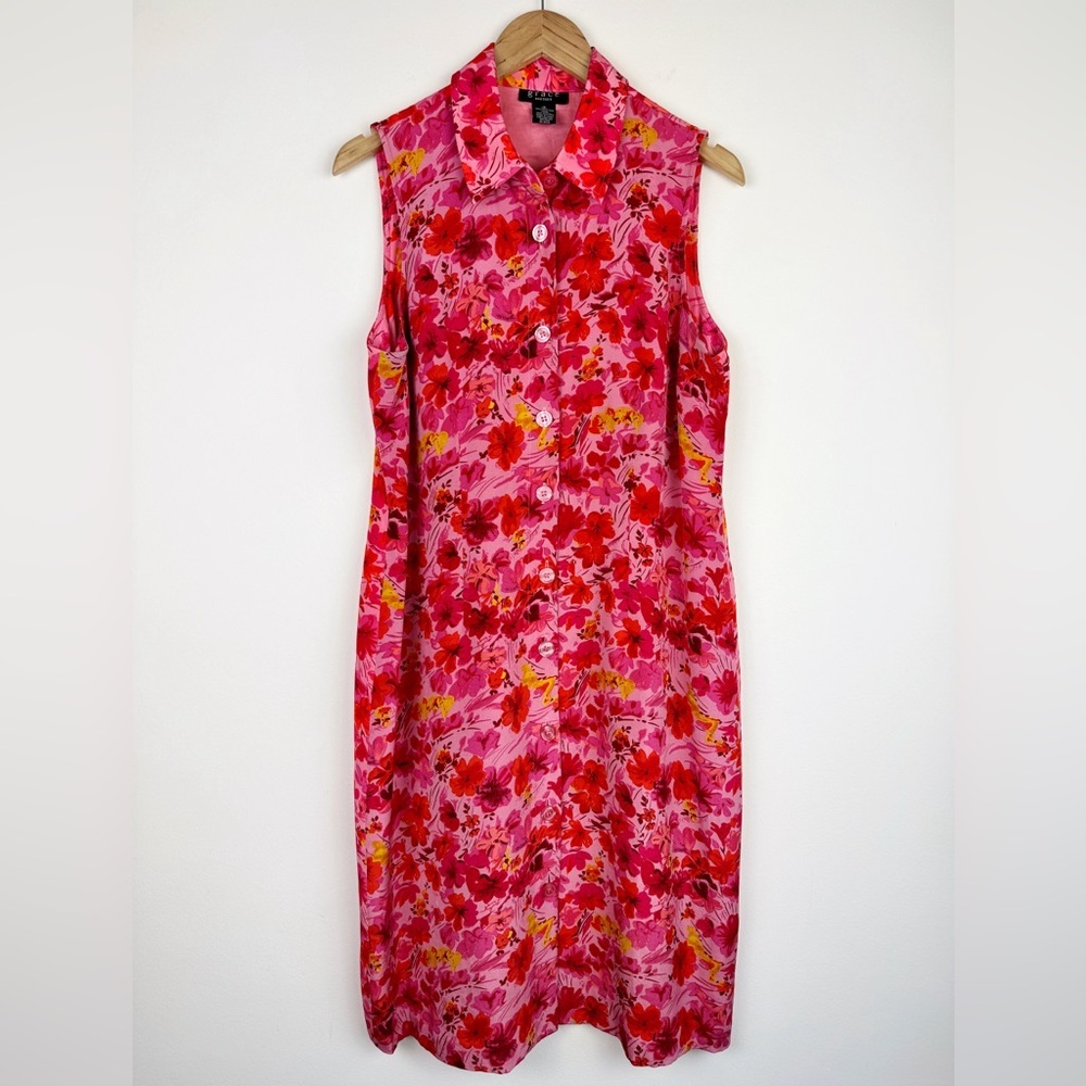 Grace Pink Floral Silk Sleeveless Shirt Dress